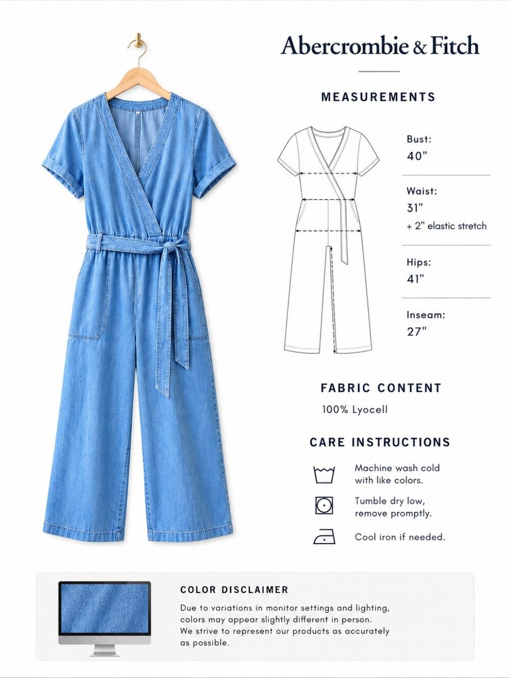 Abercrombie & Fitch | Blue Lyocell Jumpsuit |  Size Medium - Picture 3 of 7